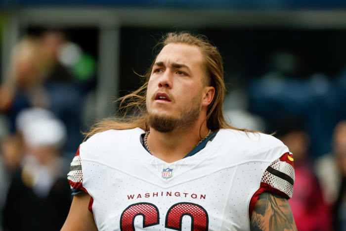 Washington Commanders center Nick Gates (63) participates in pregame warmups against the Seattle Seahawks at Lumen Field. Mandatory Credit: Joe Nicholson-USA TODAY Sports